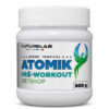 ATOMIK Pré-Workout de FutureLab, pot blanc de 500 g avec étiquette bleu et turquoise « DIETSHOP » et motif vert-bleu à droite.