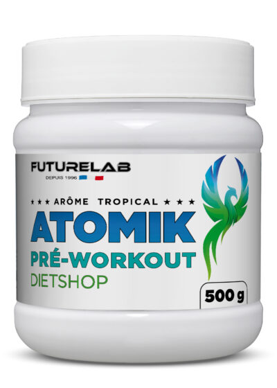 Boutique 4 ATOMIK Pré-Workout de FutureLab, pot blanc de 500 g avec étiquette bleu et turquoise « DIETSHOP » et motif vert-bleu à droite.