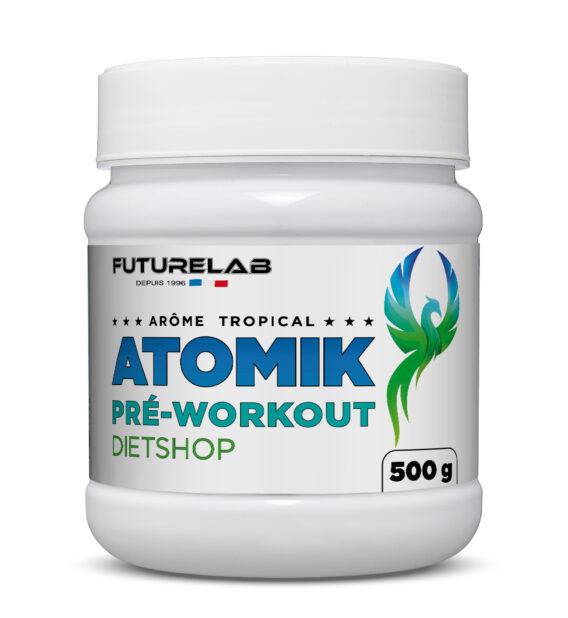 ATOMIK (Pré-Workout) 1 ATOMIK Pré-Workout de FutureLab, pot blanc de 500 g avec étiquette bleu et turquoise « DIETSHOP » et motif vert-bleu à droite.