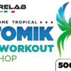 ATOMIC Pré-Workout de 500 g, étiquette colorée Future Lab présentant une figure végétale bleu et turquoise et le texte “ATOMIK Pré-Workout Dietshop” avec informations nutritionnelles et logo Future Lab.
