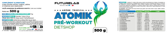 ATOMIK (Pré-Workout) 2 ATOMIC Pré-Workout de 500 g, étiquette colorée Future Lab présentant une figure végétale bleu et turquoise et le texte “ATOMIK Pré-Workout Dietshop” avec informations nutritionnelles et logo Future Lab.