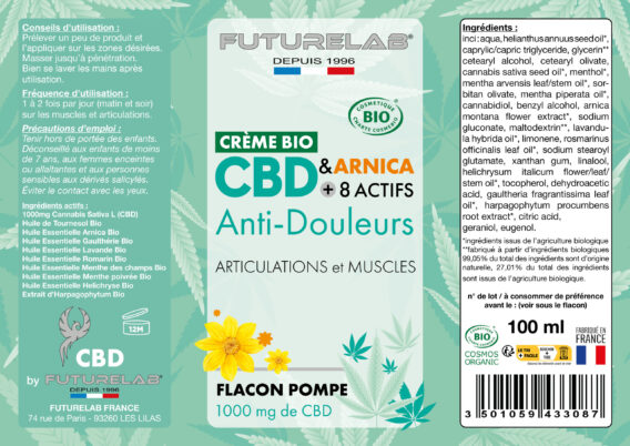 CRÈME BIO CBD & ARNICA + 8 actifs 2 ETIQUETTE flacon pompe 120x85 CBD