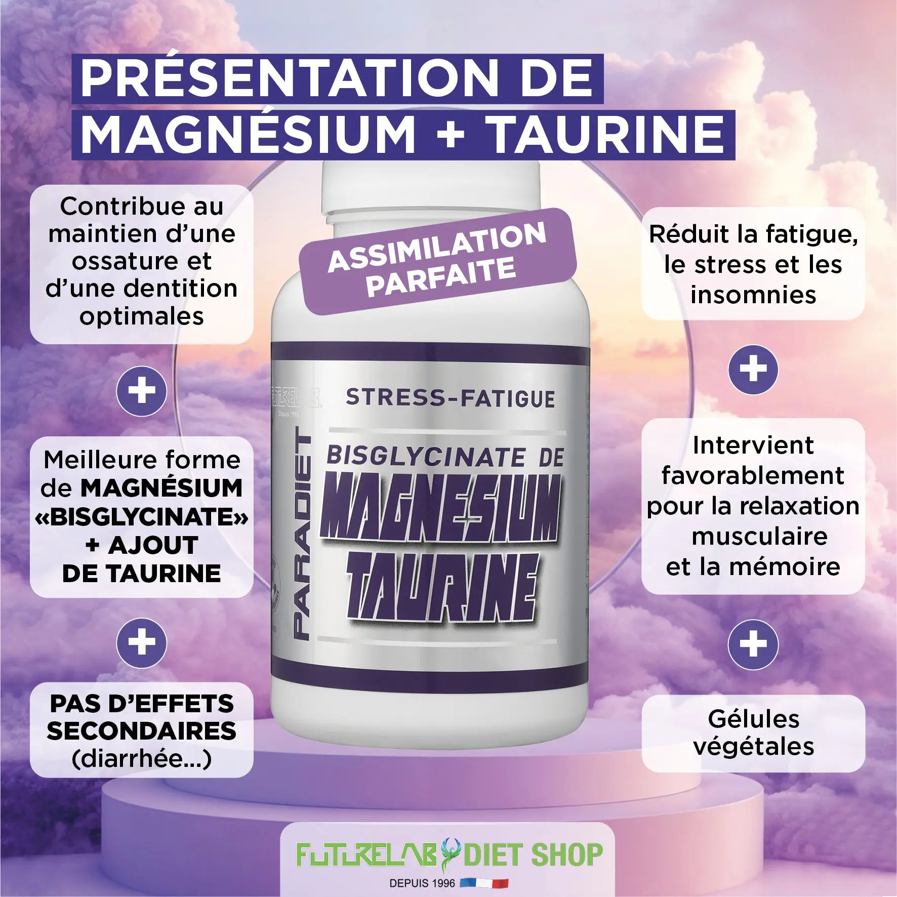 Description du produit: flacon blanc étiquette argentée "MAGNESIUM TAURINE" sur fond violet/pastel avec textes descriptifs autour, promo "ASSIMILATION PARFAITE" et bénéfices comme relaxation, fatigue et mémoire. Description du produit: flacon blanc étiquette argentée "MAGNESIUM TAURINE" sur fond violet/pastel avec textes descriptifs autour, promo "ASSIMILATION PARFAITE" et bénéfices comme relaxation, fatigue et mémoire.