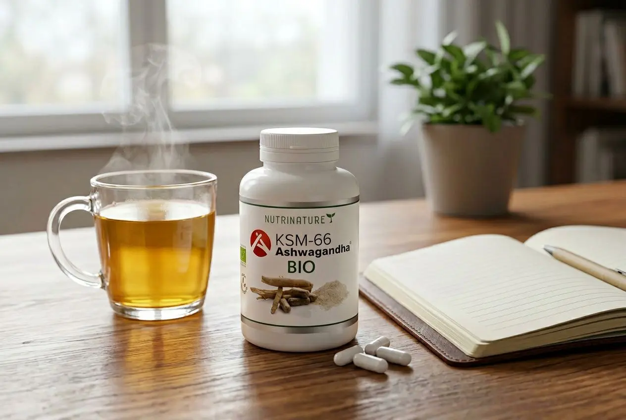 Boîte de complément Ashwagandha BIO KSM-66 sur une table, avec une tasse de thé fumant, un carnet et quelques capsules. Intègre subtilement le sujet: quel adaptogène choisir anxiété et fatigue.