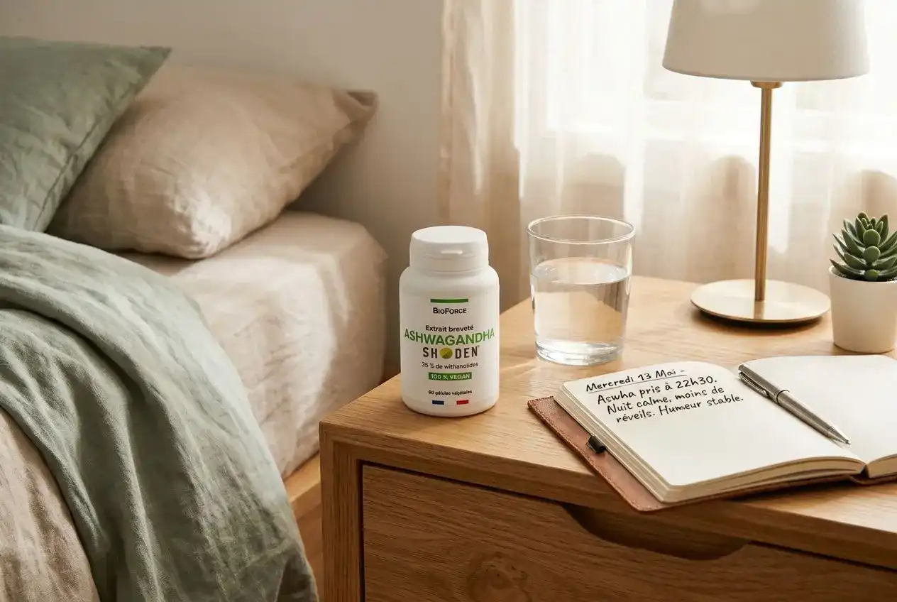 Bouteille de Ashwagandha Shoden sur une table de nuit, près d’un verre d’eau, carnet ouvert et stylo; lit et lampe de chevet en arrière-plan.