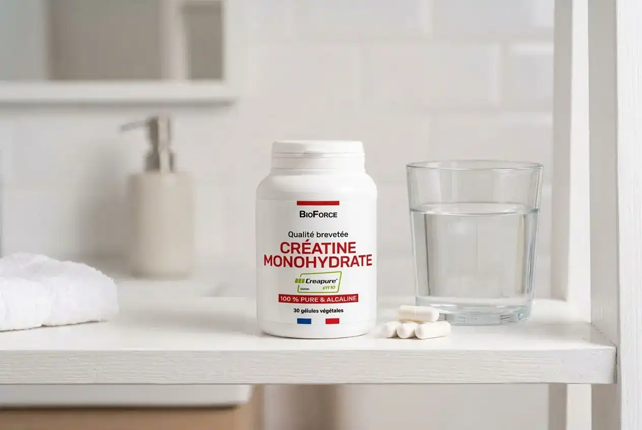 Bouteille de créatine monohydrate BioForce sur une étagère, à côté d’un verre d’eau et de comprimés blancs.