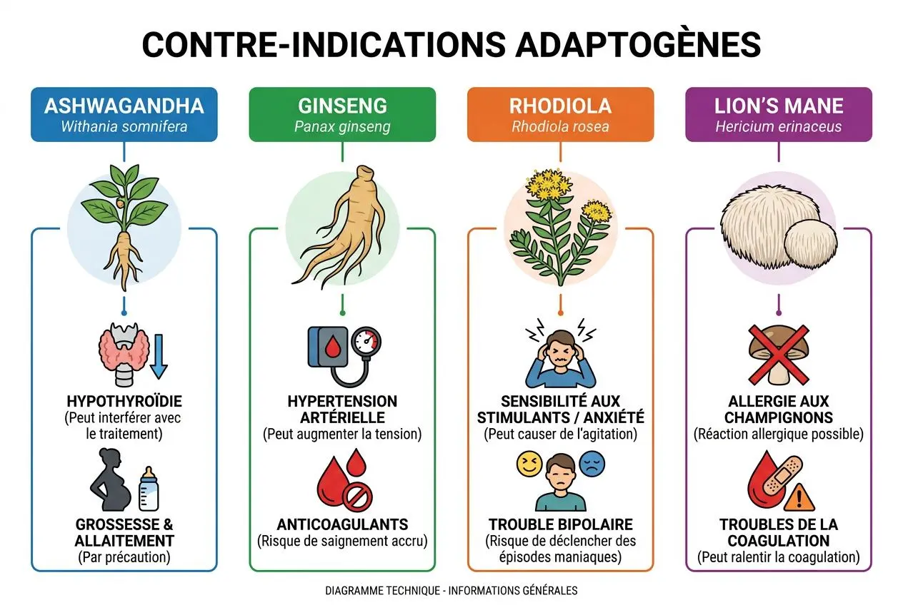 Diagramme sur les adaptogènes: Ashwagandha, Ginseng, Rhodiola et Lion’s Mane affichés avec leurs effets et risques.