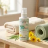 Crème bio CBD & Arnica + 8 actifs Anti-Douleurs, flacon pompe sur table, supports biodégradables et fleurs autour.