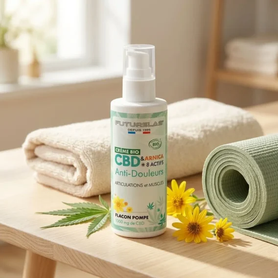 CRÈME BIO CBD & ARNICA + 8 actifs 4 Crème bio CBD & Arnica + 8 actifs Anti-Douleurs, flacon pompe sur table, supports biodégradables et fleurs autour.
