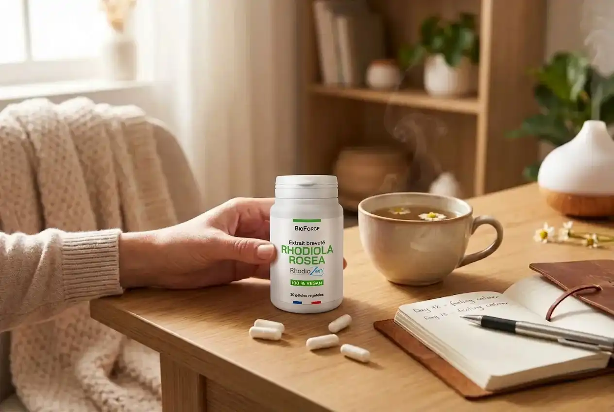 Gobelet blanc de complément alimentaire BioFORGE Rhodiola Rosea sur une table en bois, près d’une tasse chaude et d’un carnet ouvert, dans une ambiance cosy.