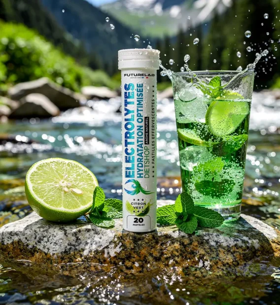 ÉLECTROLYTES 4 ÉLECTROLYTES en bouteille blanche sur roche près d’une rivière, verre de boisson pétillante verte avec rondelles de citron vert et feuilles de menthe, eau et splash derrière.