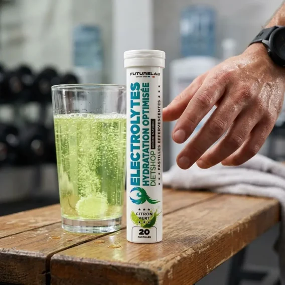 ÉLECTROLYTES 5 Électrolytes en sticks hydratation optimisée citron vert, bouteille blanche à côté verre avec boisson verte gazeuse.