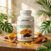Curcuma BIO + Piperine BIO en flacon blanc sur bois, entouré de curcuma en poudre et racines, plantes tropicales en arrière-plan.