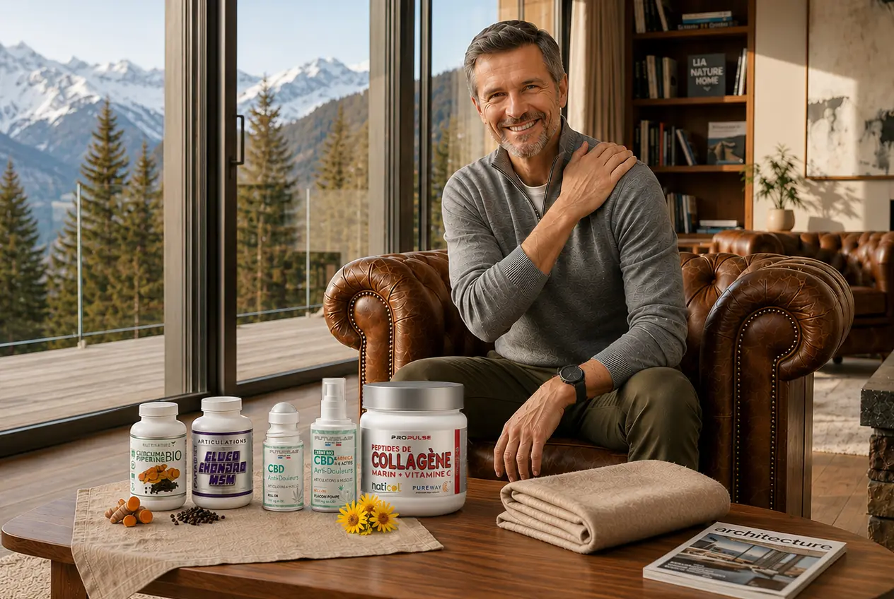 Homme assis dans un salon lumineux avec vue sur les montagnes, entouré de compléments nutritionnels Nutrinature et produits bien-être sur la table.