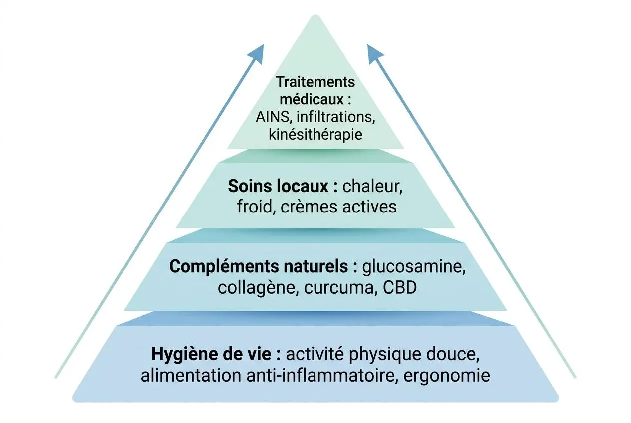 Comprendre et soulager les douleurs articulaires au quotidien 2 Pyramide illustrant les causes et traitements des douleurs articulaires: hygiène de vie, compléments naturels, soins locaux, traitements médicaux. Douleurs articulaires à surveiller.