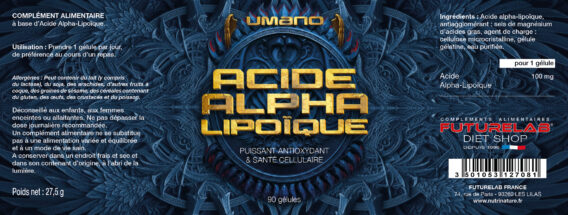 ACIDE ALPHA-LIPOÏQUE, complément alimentaire, emballage bleu avec motif géométrique, texte descriptif et code-barres visibles, contient 90 gélules.