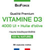 Vitamine D3 4000 UI avec huile d’olive, emballage blanc et vert, texte « Vitamine D3 4000 UI », logo BioForce, mention 100% naturel et haute biodisponibilité, 30 capsules molles.