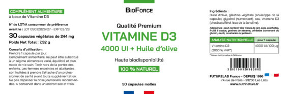 Vitamine D3 4000 UI avec huile d’olive, emballage blanc et vert, texte « Vitamine D3 4000 UI », logo BioForce, mention 100% naturel et haute biodisponibilité, 30 capsules molles.