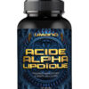 Gomme/gélules de ACIDE ALPHA-LIPOÏQUE dans un flacon noir, étiquette bleu dessinée et texte doré "ACIDE ALPHA LIPOÏQIQUe" et mention "PUISSANT ANTIOXYDANT & SANTÉ CELLULAIRE" avec 90 gélules.