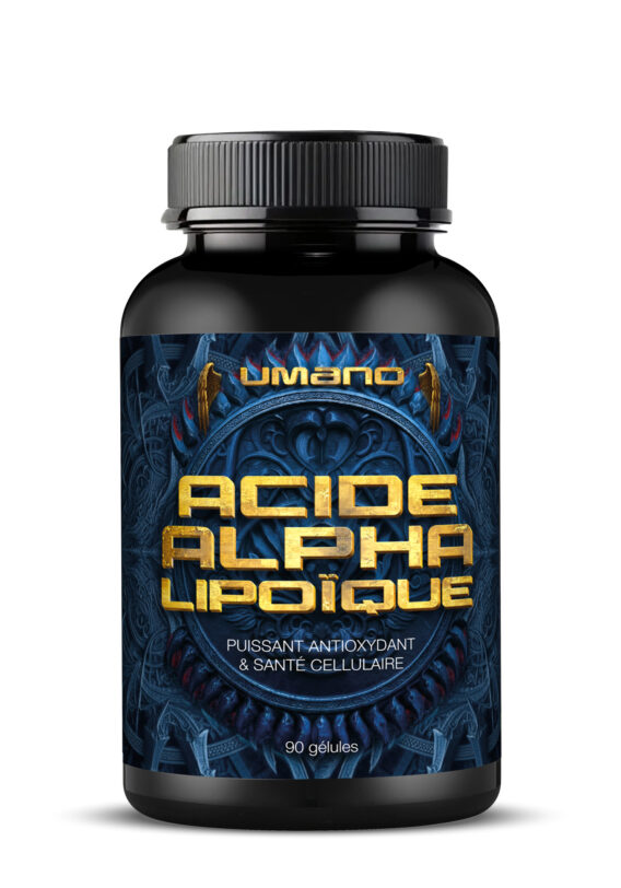 Gomme/gélules de ACIDE ALPHA-LIPOÏQUE dans un flacon noir, étiquette bleu dessinée et texte doré "ACIDE ALPHA LIPOÏQIQUe" et mention "PUISSANT ANTIOXYDANT & SANTÉ CELLULAIRE" avec 90 gélules.