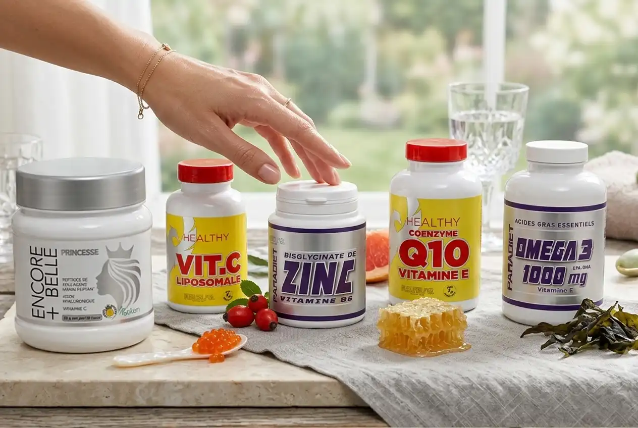Assortiment de compléments alimentaires en flacons, posé sur une table: vitamines et minéraux, comme VIT C, Q10, ZINE et Omega 3, avec une main approchant.