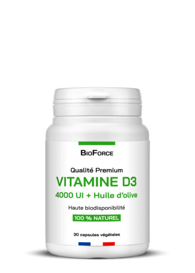 Capsule Vitamine D3 4000 UI avec huile d’olive de BioForce, label qualité premium, 30 gélules végétales, naturel 100 %.