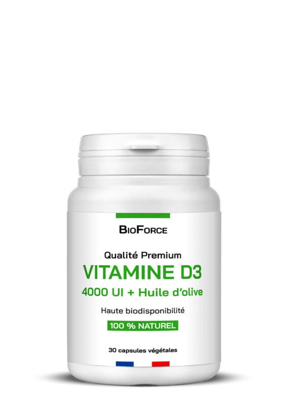 Capsule Vitamine D3 4000 UI avec huile d’olive de BioForce, label qualité premium, 30 gélules végétales, naturel 100 %.