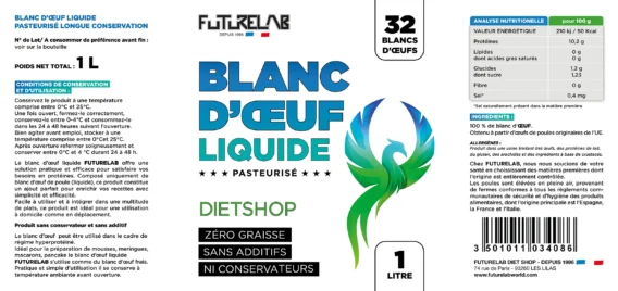 Blanc d’œuf liquide 1 L, emballage bleu et vert, logo Futural, boisson alimentaire sans gras ni conservateurs, indice nutritionnel et Nutriments affichés.