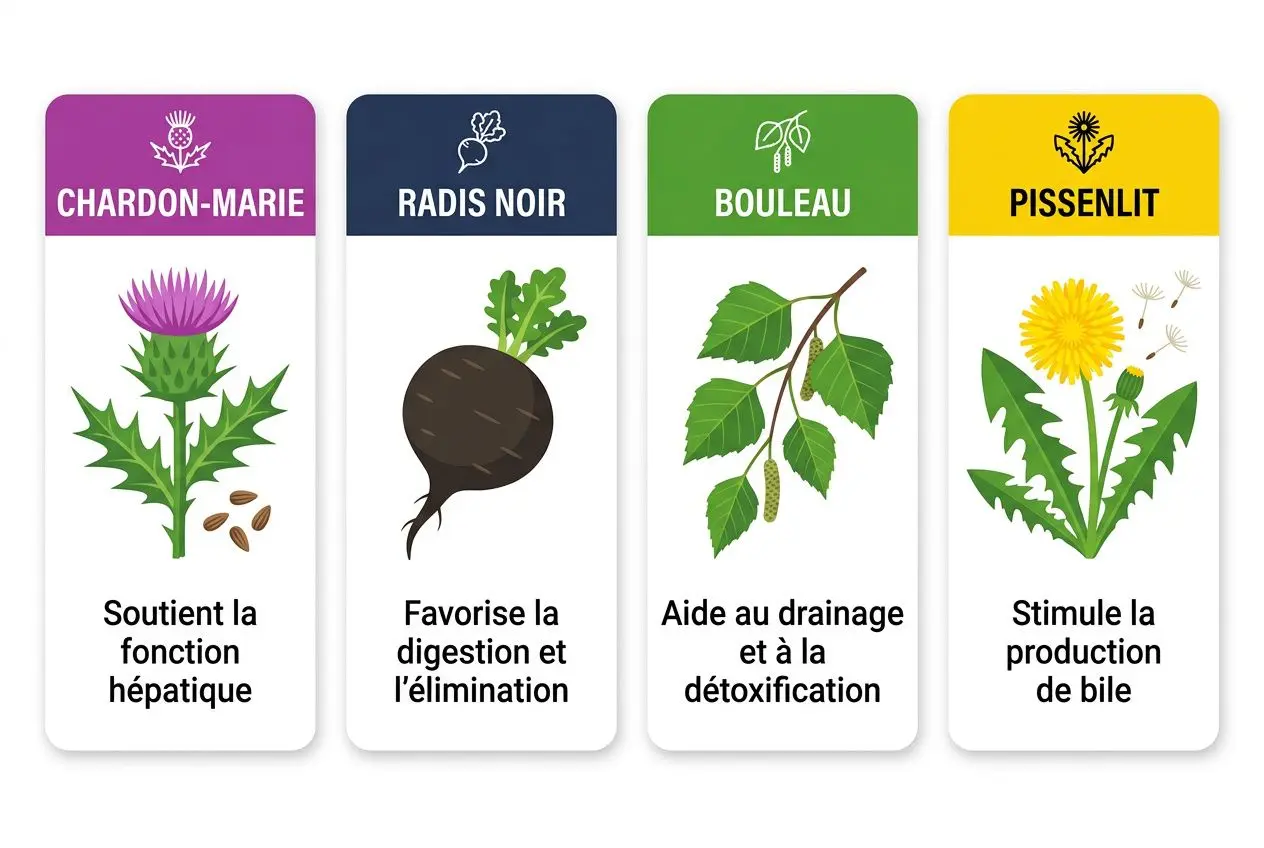 Chardon-Marie, Radis noir, Bouleau et Pissenlit: plantes bénéfiques pour détox foie, digestion et bile, soutenant la santé.
