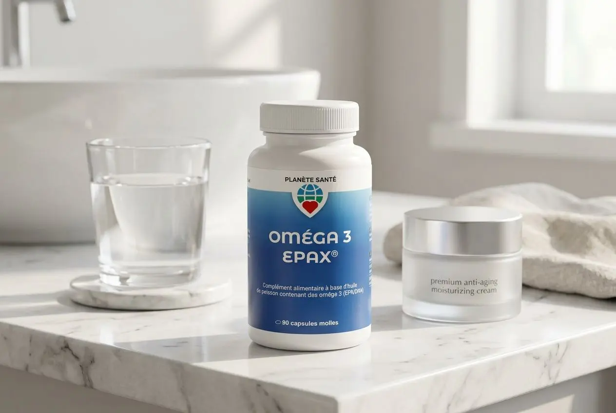 Complément alimentaire oméga-3 EPAX sur une tablette de salle de bains, avec un petit pot premium anti-âge et un verre d’eau plongés dans une lumière naturelle. Integrer: quel complément alimentaire pour la peau après 50 ans.