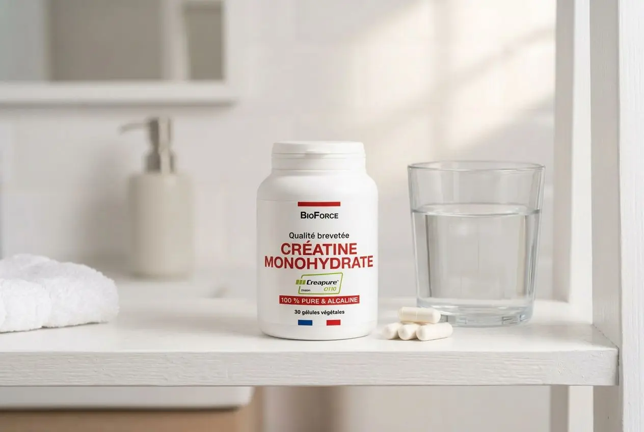 Complément alimentaire visage: bouteille de créatine monohydrate sur une étagère près d’un verre d’eau et de comprimés.