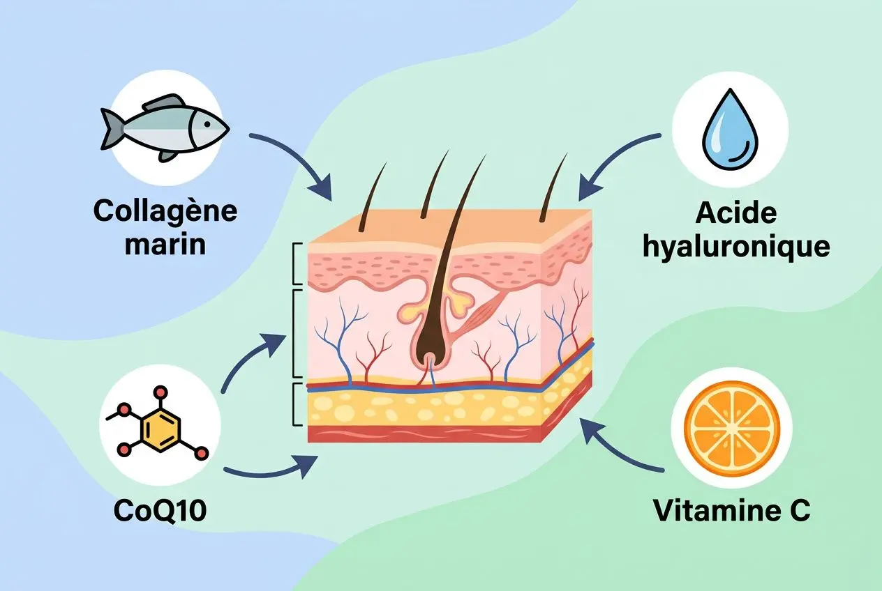 Diagramme illustrant les actifs anti-âge: collagène marin, CoQ10, acide hyaluronique et vitamine C interagissant avec la peau; flèches orientent vers un schéma cutané central.