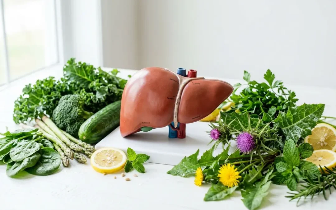 Foie bien en vue avec des herbes et légumes frais autour, symbolisant une détox foie naturelle et saine.