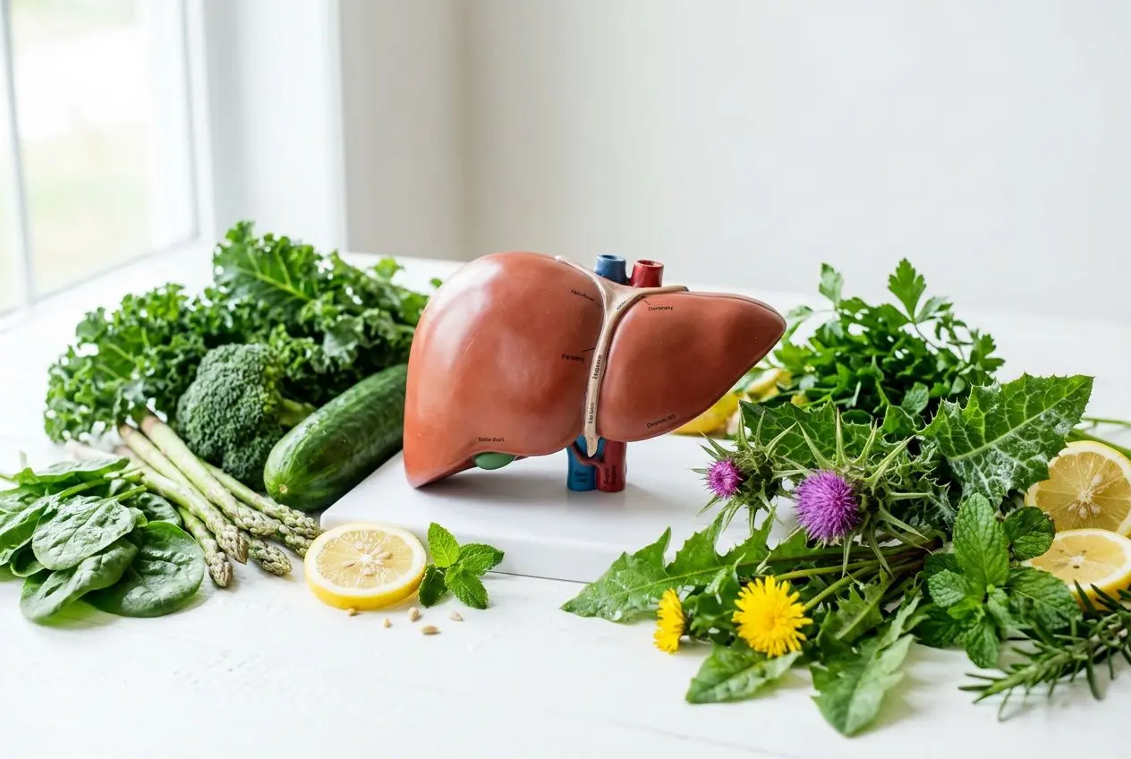Foie bien en vue avec des herbes et légumes frais autour, symbolisant une détox foie naturelle et saine.