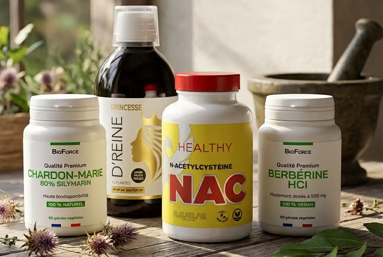 Gamme de compléments alimentaires en flacons et gélules sur une table en bois, présentoirs BioForce et Healthy NAC en premier plan.