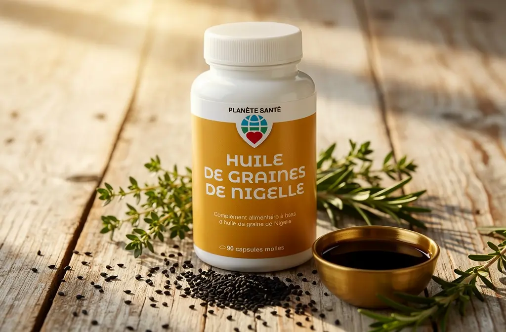 Huile de graines de nigelle en flacon blanc sur planche, graines noires autour et pot de huile, herbes aromatiques en arrière-plan. huile de nigelle bienfaits intégré? non. Provide alt text with keyword: "huile de nigelle bienfaits" seamlessly. Let's craft: "Flacon d'huile de nigelle bienfaits, graines et huile résumant les propriétés naturelles." But must be natural. Include keyword exactly. "Flacon d'huile de nigelle bienfaits sur une planche, entouré de graines noires et d'herbes." Ensure under 125 chars. Let's craft: "Flacon d'huile de nigelle bienfaits, graines noires et huile près d'herbes sur planche en bois." count ~90. Good. Flacon d'huile de nigelle bienfaits, graines noires et huile près d'herbes sur planche en bois.