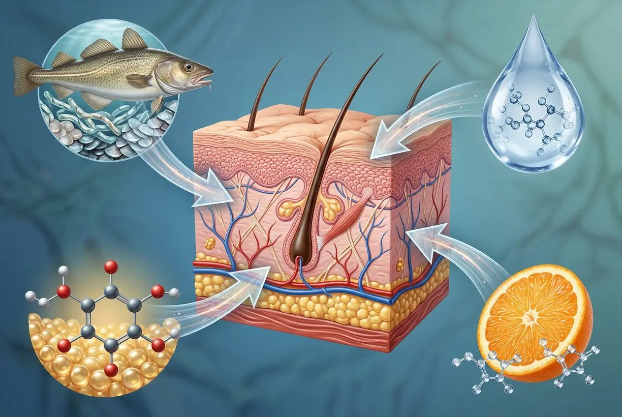 Illustration anatomique de la peau avec logo molécules et gouttes hydratantes, flèches montrant l’absorption des nutriments et une orange en extrémité. Incorporation naturelle du texte: meilleur complément alimentaire anti-vieillissement de la peau
