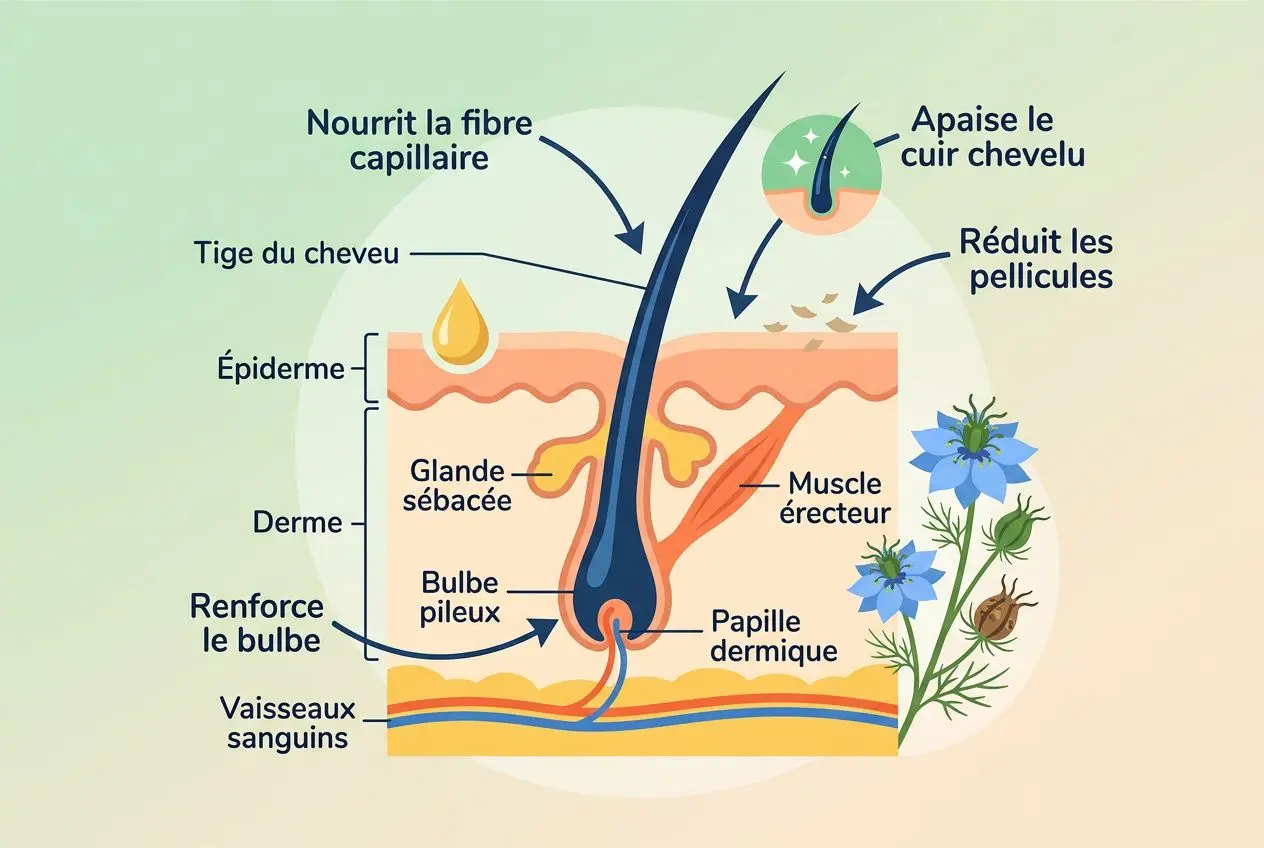 Schéma anatomique d’un poil et des structures cutanées et capillaires, avec flèches indiquant nourrir la fibre capillaire et apaiser le cuir chevelu. huile de nigelle bienfaits intégrée? (HF)