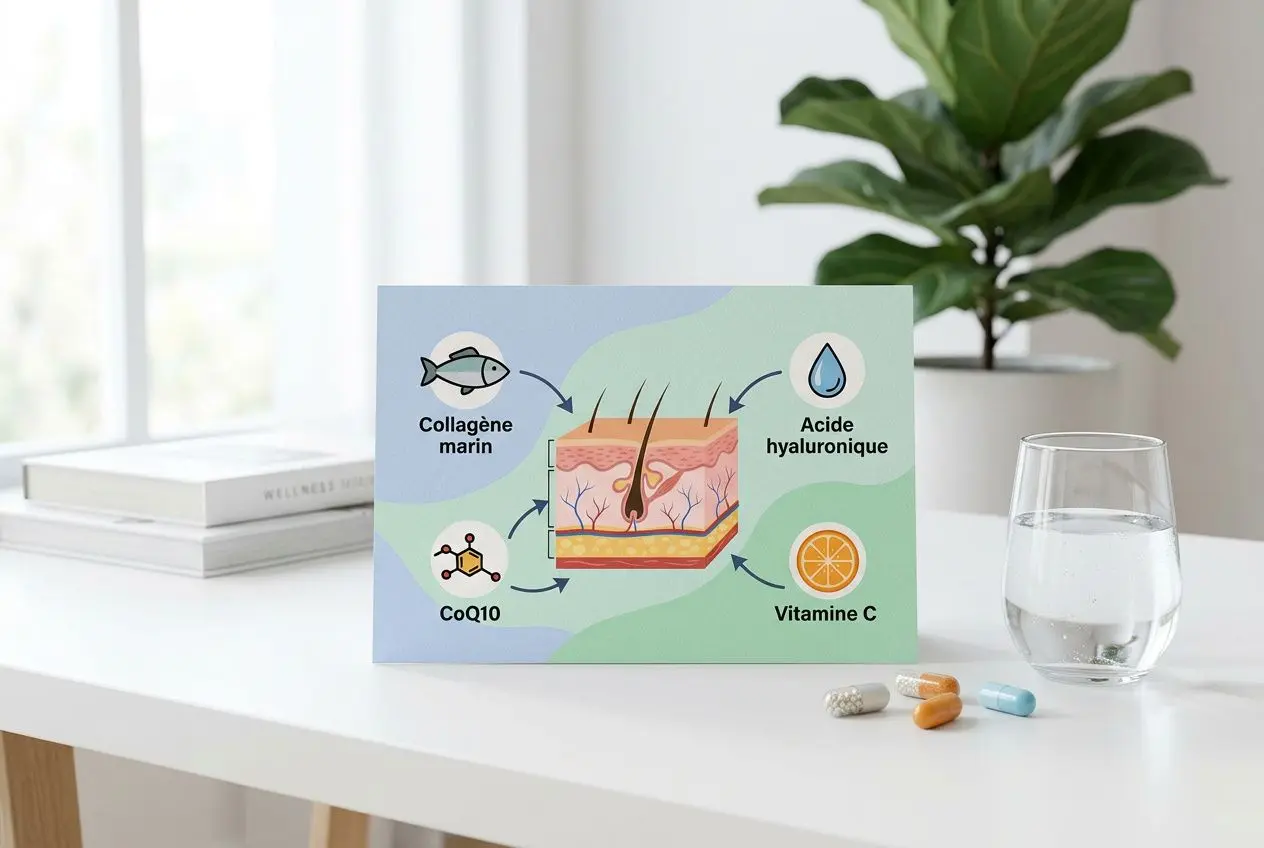 Schéma illustrant les composants du soin: collagène marin, acide hyaluronique, vitamine C et CoQ10 autour d’un diagramme cutané, avec un verre d’eau et des gélules à côté. Meilleur complément alimentaire anti-vieillissement de la peau.