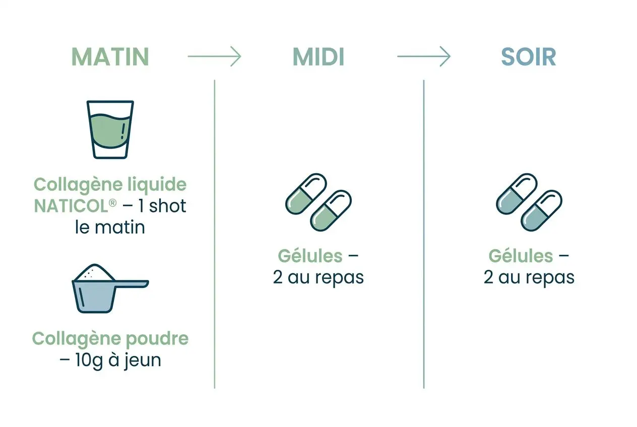 Verre et bol avec collagène liquide et collagène en poudre au matin; deux gélules à midi et deux gélules au soir. intégration: compléments alimentaires anti-âge naturels.