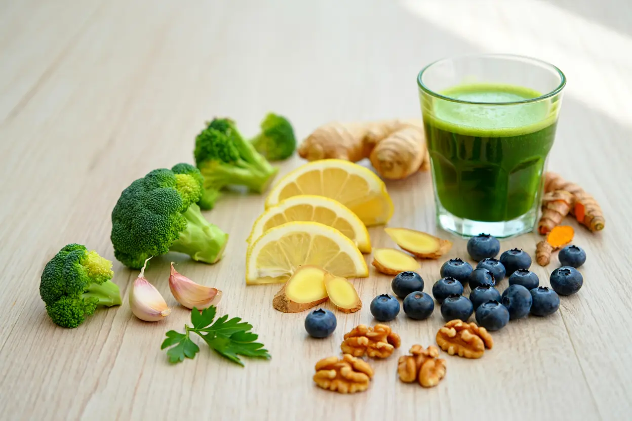 Verre de jus vert vertueux entouré de légumes et fruits pour une détox foie naturelle: brocoli, citrons, baies, noix, gingembre, ail et herbes. détox foie.