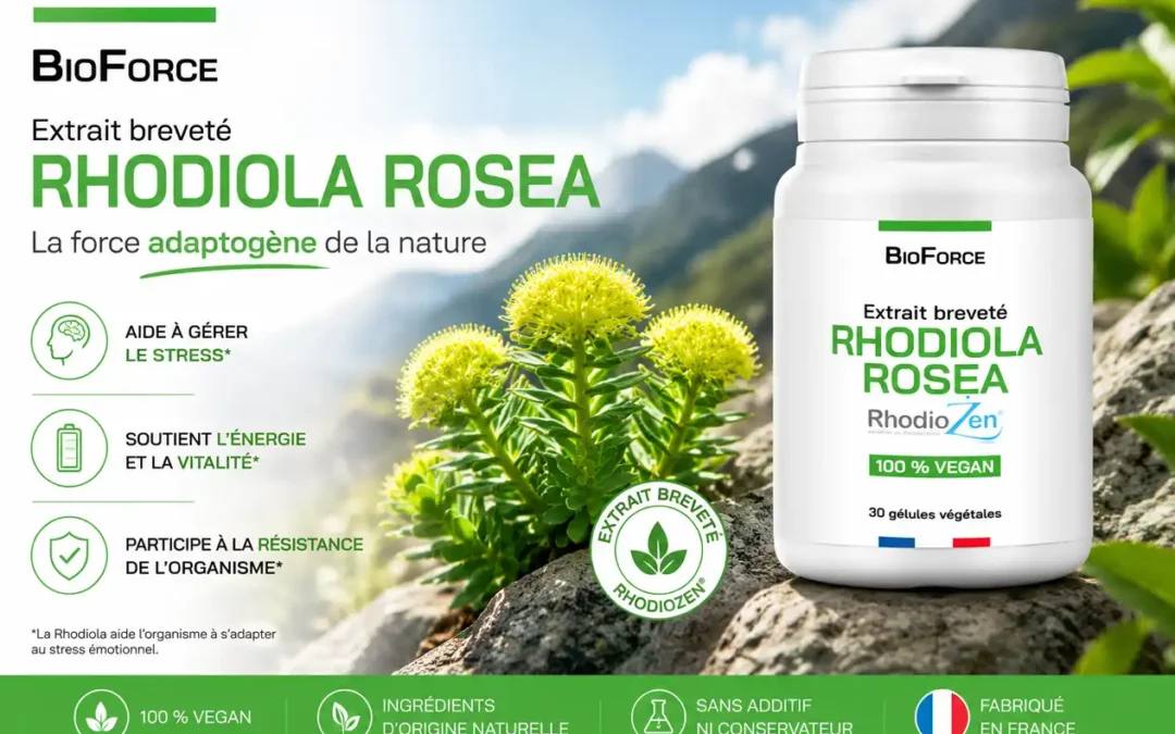 BioForce Rhodiola Rosea en flacon plastique blanc sur fond nature, texte “Extrait breveté Rhodiola Rosea” et symbole vegan, accompagnement brumeux de montagnes; étiquetage vert et bio.