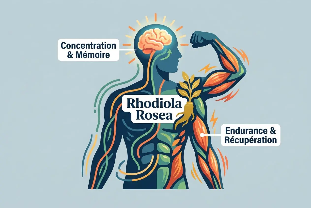 Rhodiola bienfaits : la plante adaptogène contre le stress 2 Illustration anatomique montrant un corps humain musclé avec circuits énergétiques, intitulée Rhodiola Rosea, évoquant concentration, mémoire, endurance et récupération. Incorporer rhodiola bienfaits.