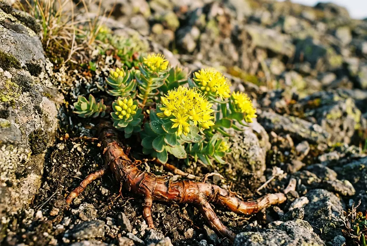 Rhodiola bienfaits : la plante adaptogène contre le stress 1 Petite plante à fleurs jaunes au milieu de pierres, avec une racine brune apparente; image associée à rhodiola bienfaits et adaptogène contre le stress.