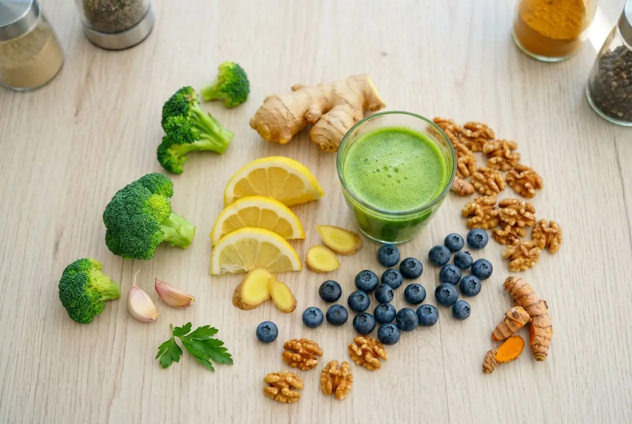 Assortiment d’aliments sains: brocoli, citrons, gingembre, myrtilles, noix, graines, smoothie vert, herbes, épices sur planche en bois. hormone perte de poids femme